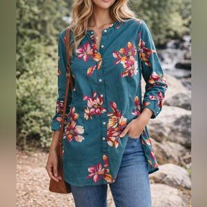 Duluth Trading Co Floral Tunic Teal Cotton Stretch Button Front Size M